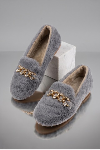 Nmoda Kadın Peluş Panduf Gold Zincir Taşlı Aksesuarlı Kapalı Loafer Yumuşak Tabanlı Kışlık Rahat Babet Gri