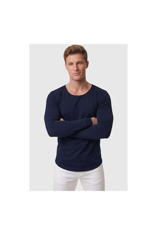 Deepsea Erkek Lacivert %95 Pamuk Slim Fit Kesik Açık Yaka Likralı Penye Sweatshirt Oval Kesim 2602299