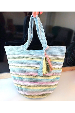 Kemzey Handmade Çizgili Büyük Kol Çantası , El Yapımı Örgü Çanta Soft Pembe