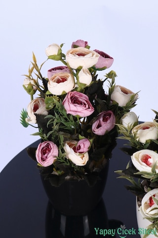 Yapay Çiçek Sitesi Plastik Saksıda Yapay Tomurcuklu Ranunkulus Tanzimi 2'li Set 30 Cm Pembe Krem - Ekru