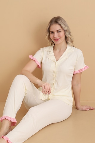 Wordex Mirano 9500 Düz Renk Pegasus Kumaş Düğmeli Kısa Kolu Kadın Pijama Takımı Ekru