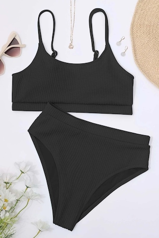 Angelsin Yüksek Bel Özel Kumaş Bikini Altı Siyah