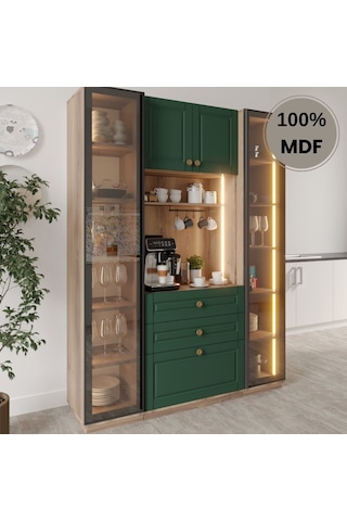 Afra Kahve Köşesi Dolabı %100 Mdf Temperli Cam Hazır Mutfak Dolabı Yeşil