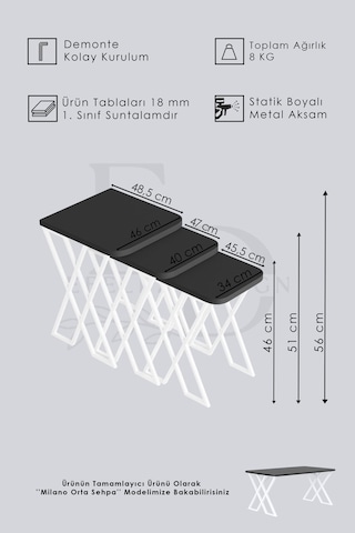Milano 3'lü Zigon Sehpa Beyaz Metal - Siyah Mermer Tabla