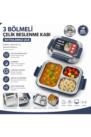 Muzeko Staınless Stell 3 Bölmeli Paslanmaz Çelik Yemek Kabı Sızdırmaz Kapaklı, Taşınabilir Beslenme Kabı Mavi 886 800ml Lacivert