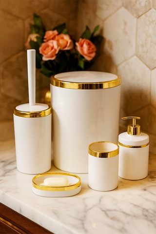 Makri Home 5 Parça Akrilik Banyo Seti, Şık Ve Kaliteli Akrilik, Altın Renk Detaylı, Beyaz Beyaz