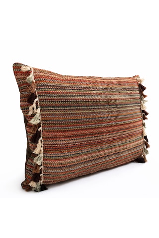 2 Adet Çizgili Boho Püsküllü Kadife İçi Dolgulu Dekoratif Yastık, Hippi Yastık, Pastel Kırmızı Kahverengi Yeşil Beyaz İç Mekan Hediyesi