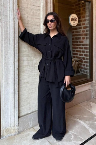 Seeh Siyah Uzun Kollu Oversize Kadın Takım Sh338 Standart