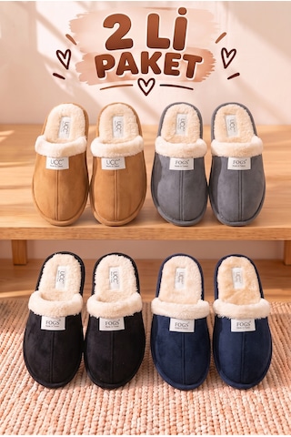 Stwenn 2'li Karma Erkek Kadın Avantajlı Paket Peluş Ev Terliği Kapalı Burun Arkası Açık Sıcak Rahat Panduf 2 Li Ucc Terlik