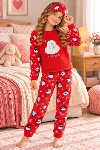 Free Beka Kız Çocuk Yılbaşı Desenli Yumuşak Kalın Kışlık Aplike Nakışlı Polar Pijama Takımı Ve Göz Bandı Sıcak Tutan Kırmızı