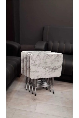 Harmony Katlanabilir Beyaz Mermer Zigon 4'lü Sehpa Takım Paslanmaz Gri Metal Ayaklı Mermer Beyaz