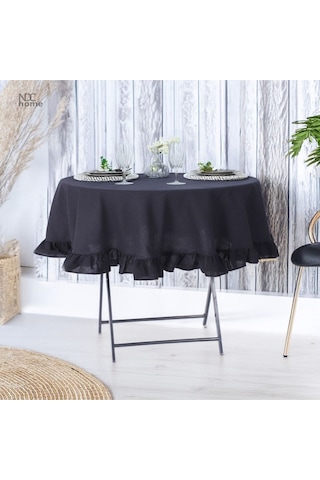 Dnc Home Tekstil Siyah Keten Yuvarlak Fırfırlı Masa Örtüsü Siyah