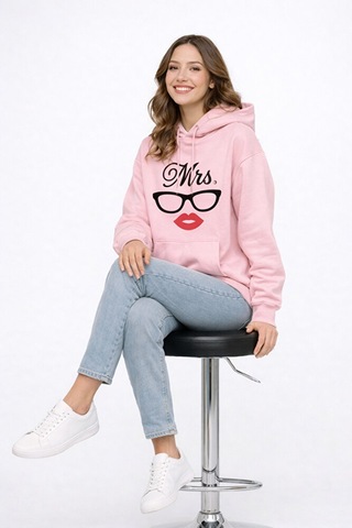 Nevermind Mr Mrs Baskılı Sevgili Kombini Oversize Hoodie Seti Unisex Sevgil Pembe
