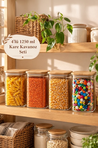 Porsima 6-4 Bambu Vakumlu Kapaklı Kare Borsilikat Cam 4lü Kavanoz Seti Saklama Kabı 1250ml 9,5x15cm