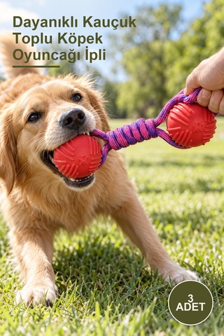 3 Adet Dayanıklı Kauçuk Toplu Köpek Oyuncağı İpli