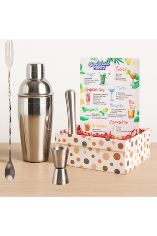 Perlotus Kokteyl Shaker Jigger Mojito Tokmak Bar Kaşığı Kokteyl Tarifleri Seti Kutusunda