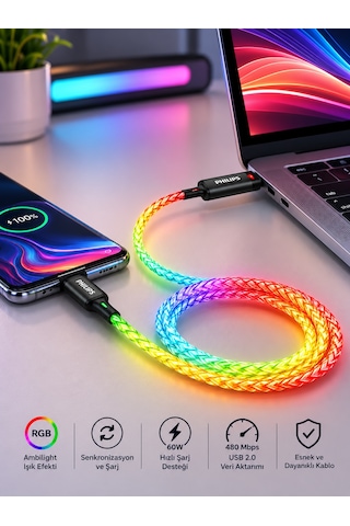 Philips Dlc5130c/00 60w 3a Usb-c To Usb-c Rgb Renkli Şarj Kablosu, 1 Metre