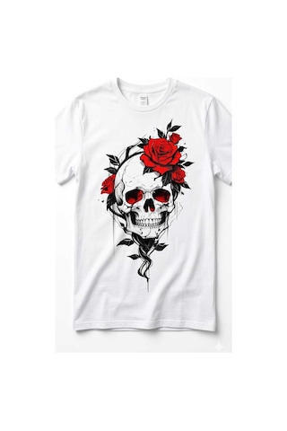 Erkek Kuru Kafa Kırmızı Gül Detayı Baskılı Pamuklu Regular T-shirt Beyaz