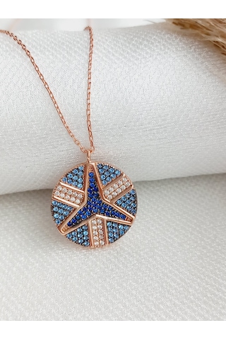 Gümüş Mavi Zirkon Barış Peace Madalyon Gold Trend Kadın Kolye