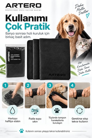 Artero Samba Hızlı Kuruyan Evcil Hayvan Kedi Köpek Havlusu Islak Kullanım Karbonlu 80x30 Cm