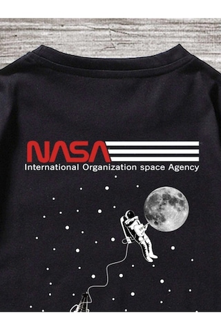 Erkek Siyah Oversize Nasa Baskılı T-shirt Siyah