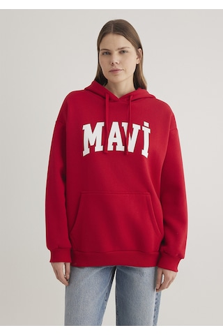 Mavi - Mavi Logo Baskılı Kapüşonlu Kadın Sweatshirt 1600361-86417 Kırmızı