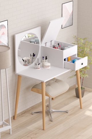 Elsa Makyaj Masası Aynalı Kapaklı Organizer Dolaplı Çekmeceli Bey