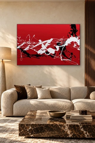 Fida Kırmızı Zeminde Beyaz Ve Siyah Damlatma Canvas Tablo
