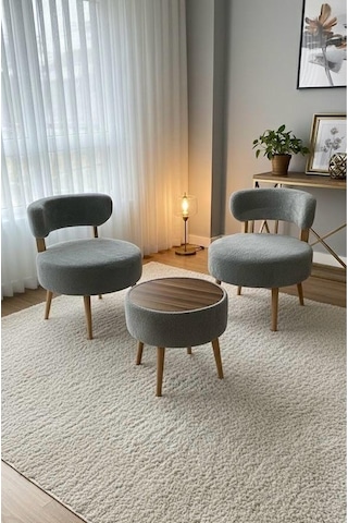 Çay Seti İkili Koltuk Berjer Ve Puf Takımı 3 Lü Takım Balkon, Salon ,ofis ,bahçe Takımı Gri