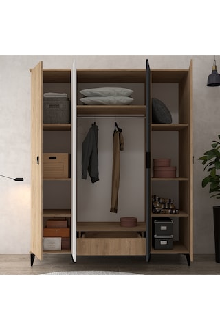 6402 Neva 4 Kapılı 200 Cm Gizli Çekmeceli Gardırop , Elbise Dolabı , Genç Odası Antrasit - Beyaz