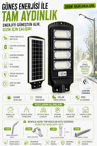 200 W Solar Sokak Armatürü Sensörlü Profesyonel Seri, Kumandalı Montaj Seti Hediyeli
