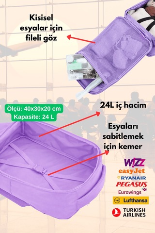 Jet Turtle Seyahat Sırt Çantası 40cm 40x25x15 Cm Pegasus, Wizz Air, Ryanair, El Valizi Koltuk Altı Valizi Lila
