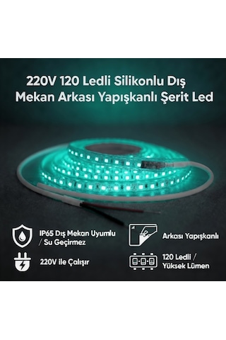 220v 120 Led Dış Mekan Şerit Led Turkuaz Işık Arkası Yapışkanlı Suya Dayanıklı Dekoratif Aydınlatma 5 metre