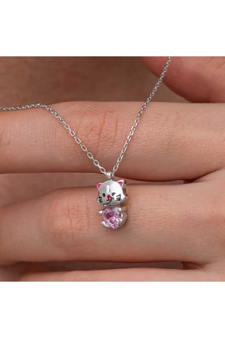 Blackcraft Gümüş Pembe Taşlı Sevimli Kedi Kadın Kolye Renkli