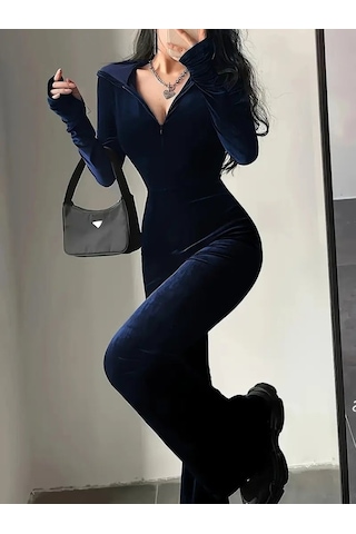 Efnaz Style Kadın Uzun Kollu Kapşonlu Fermuarlı Kadife Tulum Lacivert