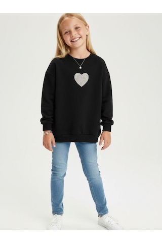 Kız Çocuk Pamuklu Yumuşak Dokulu Kalp İşlemeli Sweatshirt-16803 Siyah