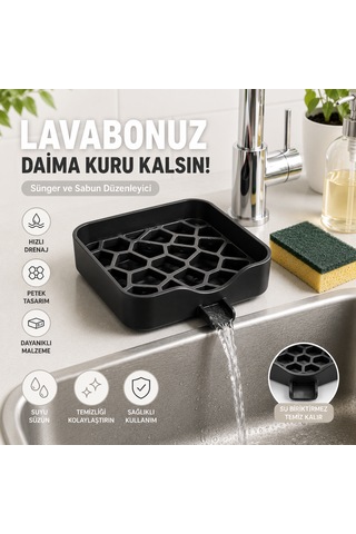 Lavabo Üstü Sünger Ve Sabun Düzenleyici Drenajlı Mutfak Lavabo Organizeri Petek Tasarımlı Siyah