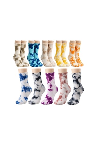 Teorastore Unisex Batik Spor Çorap 10'lu Set Tie Dye Tenis Çorabı Koyu Retro Renkler Günlük Rahat Konforlu Stil Çok Renkli