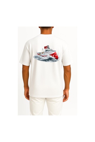 Bahriyeli Collection Oversize Rv Barbaros Hayreddin Paşa Dalgalar Arası Göğüs Ve Sırt Baskılı Unisex T-shirt Beyaz