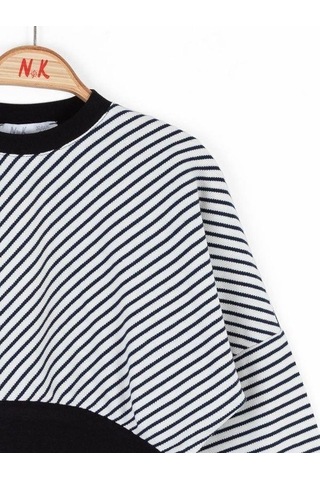 Kız Çocuk Pamuklu Çizgili Crop Sweatshirt-14715 Siyahbeyaz