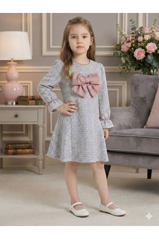 Xo Kids Deri Fiyonklu Büzgü Kollu Tüvit Kız Çocuk Elbise 3-7 Yaş 4415 Mor