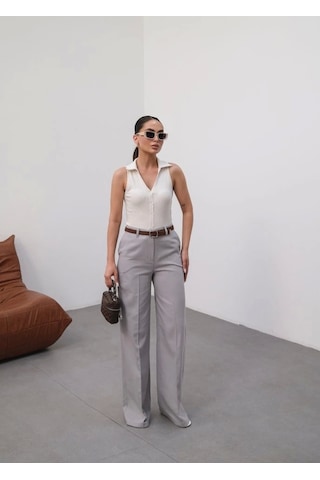Defymoda Keten Kemerli Ve Dökümlü Palazzo Pantolon Kemer Dahi L Gri