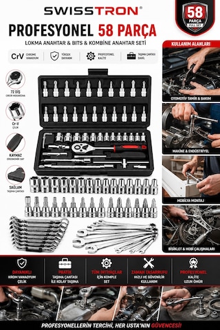 Swisstron Sws581246 58parça Cırcır Lokma Anahtar Seti Crv Krom Vanadyum Bits Kombine Anahtar Takımı