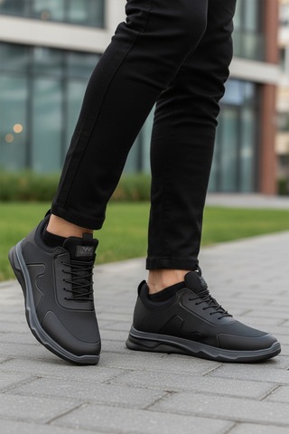 Siyah Lastik Bağcıklı Hafif Esnek Erkek Spor Ayakkabı Kaif 2323 M Siyah-siyah