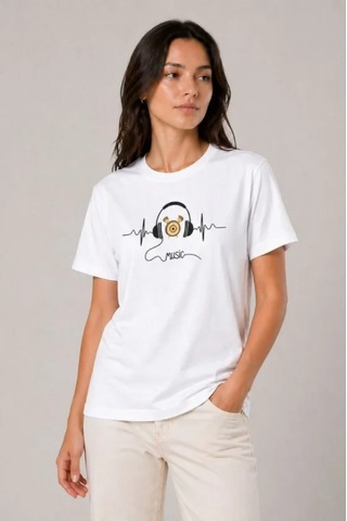 Efnaz Style Müzik Temalı Baskılı Tişört Bisiklet Yaka Kısa Kol T-shirt - Beyaz