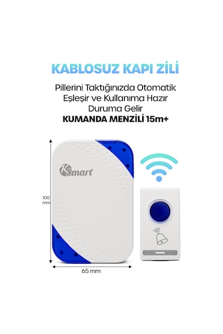 Kablosuz Uzaktan Kumanda Kapı Zili Işıklı Uzun Menzilli Pilli 32 Farklı Melodili Mavi-beyaz 9402