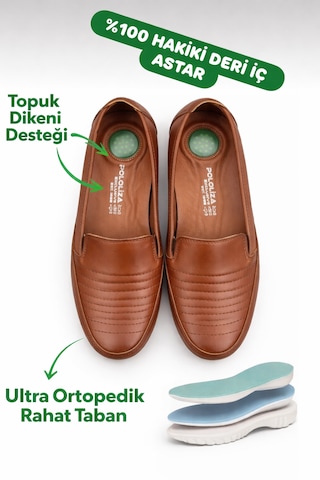 Pololiza Günlük Kullanım / İçi Hakiki Deri / Poliüretan Pu Comfort Kaymaz Taban / Anne Ayakkabısı Taba