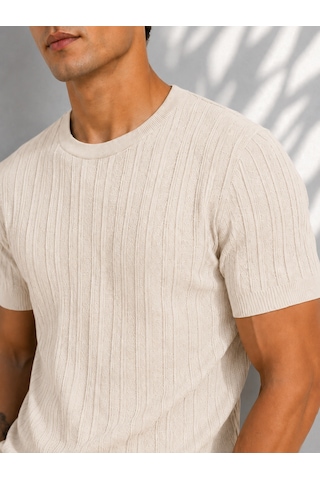Ribana Erkek Bisiklet Yaka Kısa Kollu Esnek Örme Triko T-shirt 26091 Ekru