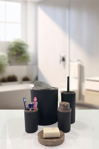 Biltaş Plastik Auaro 5 Parça Siyah Çizgili Kahverengi Akrilik Desenli Yuvarlak 5'li Banyo Seti Siyah