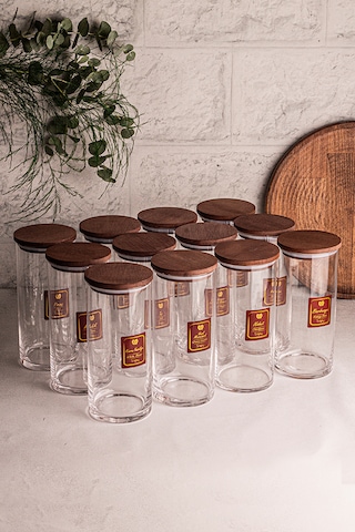 Snippy Story - 12'li Etiketli Cam Jumbo Saklama Kabı Baharatlık Ahşap - Şeffaf